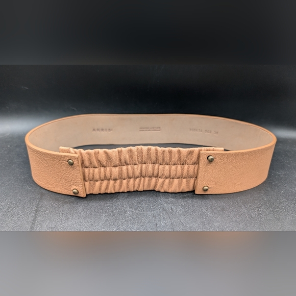 AKRIS Tan Leather Belt, Rouched Elasticated Stud Front, 2" Wide, 28"+ Lobg - Picture 1 of 12